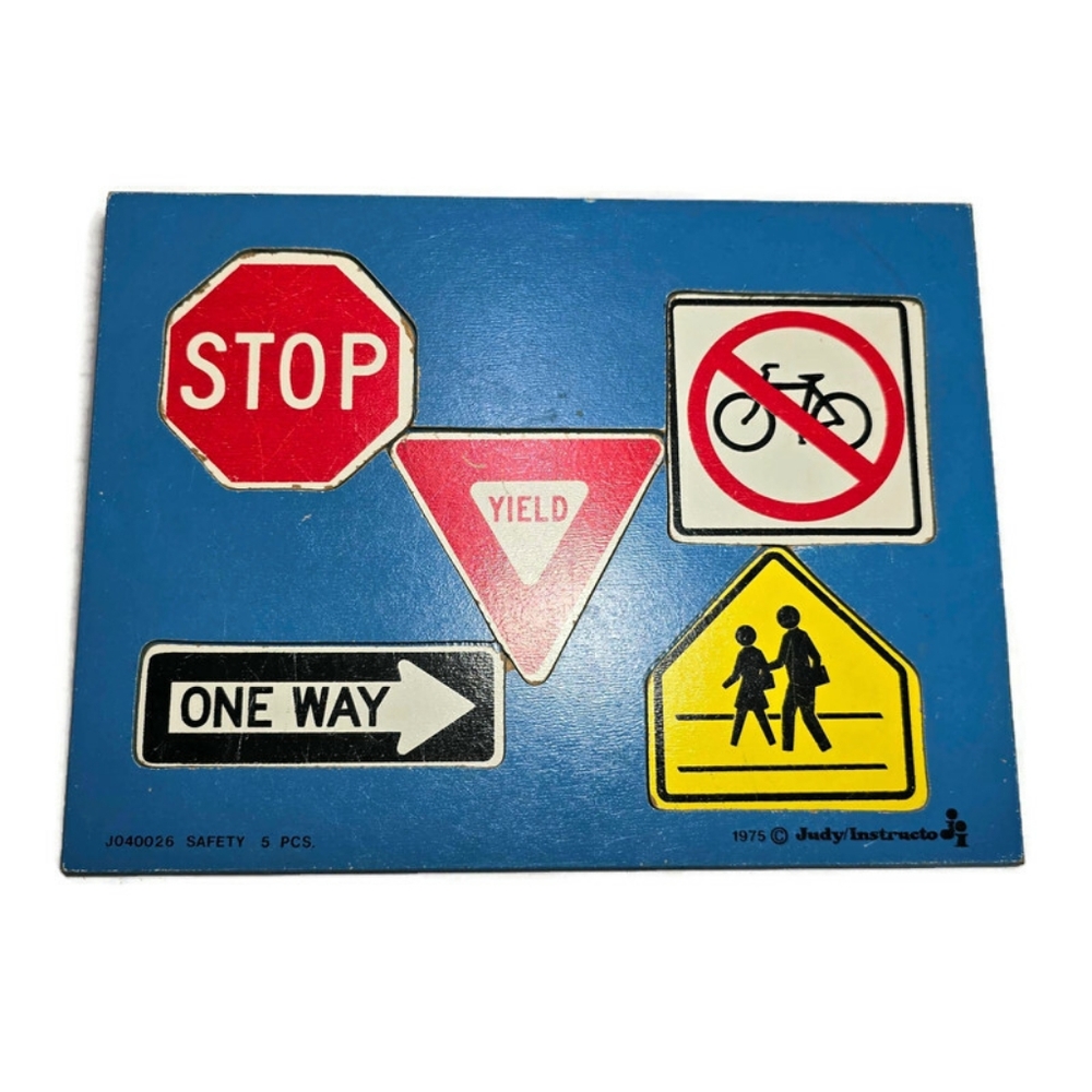 Vintage 1975 Judy Instructo Wooden Puzzle Driving Road Signs 5 Piece